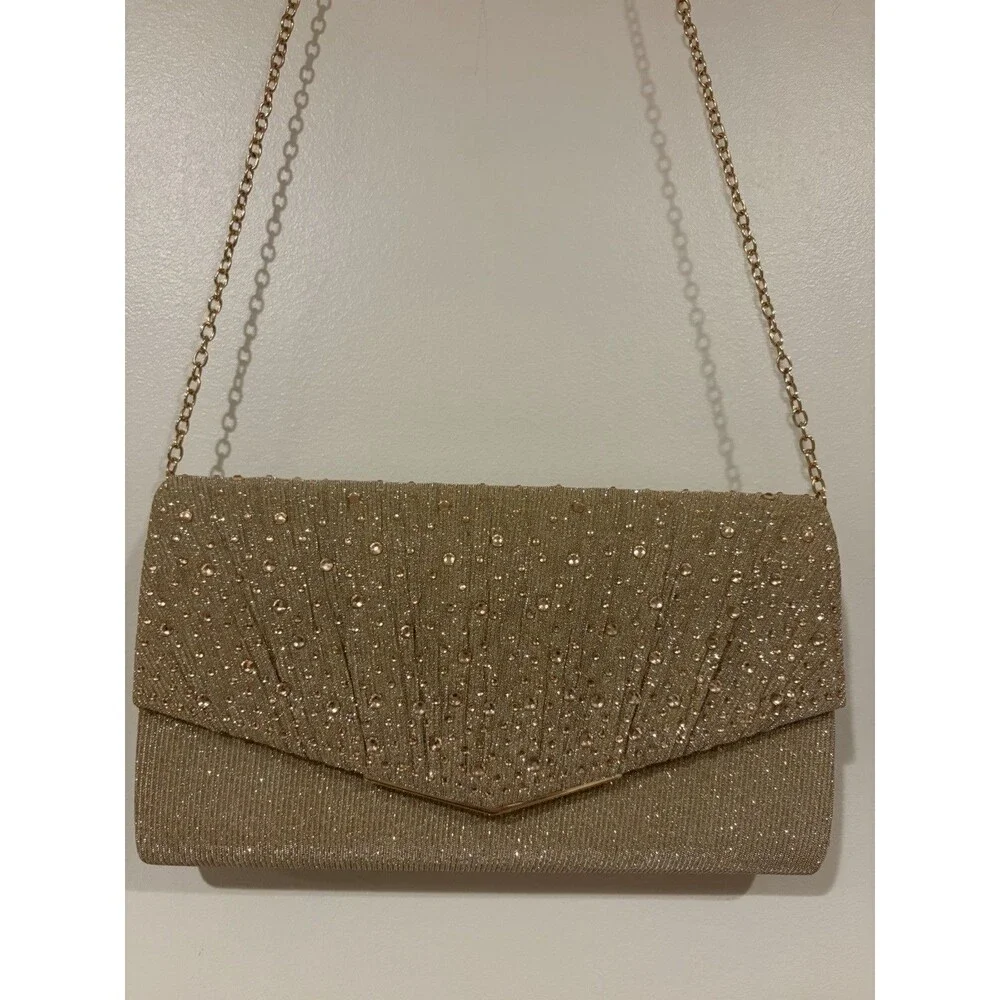 OTD Land Gold Beaded Glitter Clutch, Snap, Detach Chain Crossbody Strap